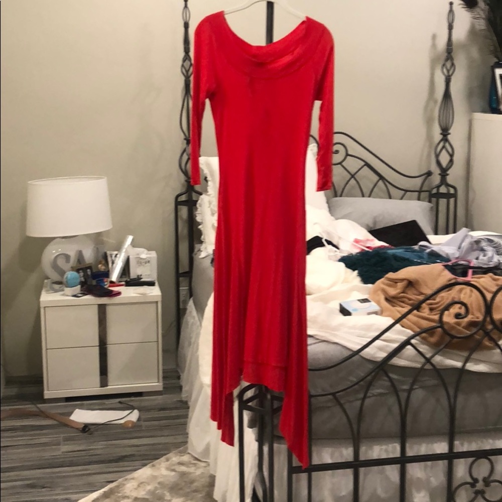 Red shin length bcbg dress